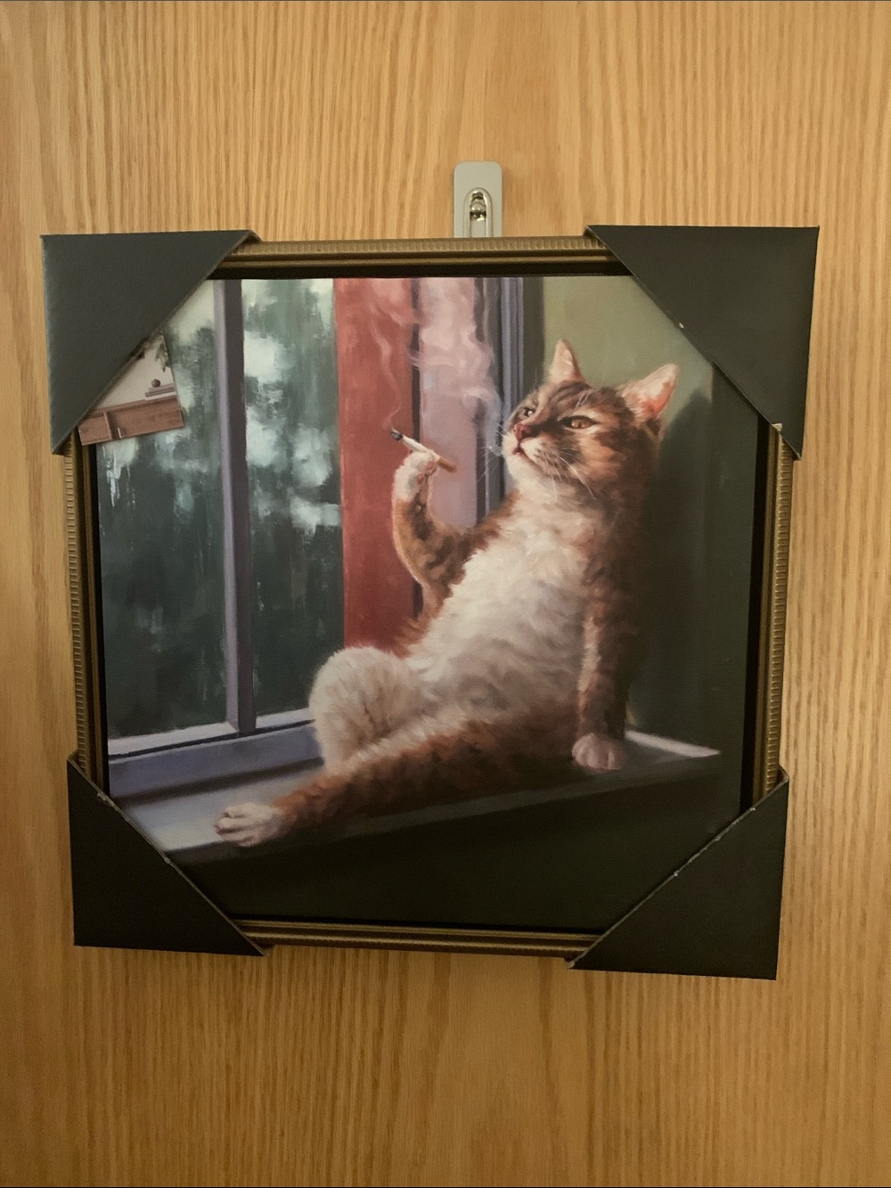 NWT Viral Smoking Cat in Window Art Print (13.5x13.5 framed)